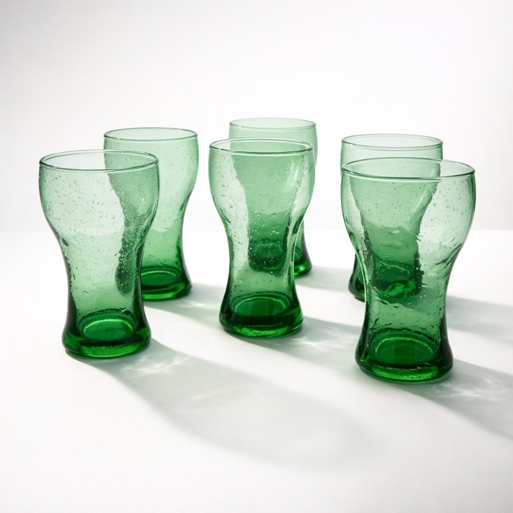 GORGEOUS HAND-BLOWN HAND-MADE GREEN TUMBLERS MOROCCAN‎ MEXICAN EUC SET OF 6